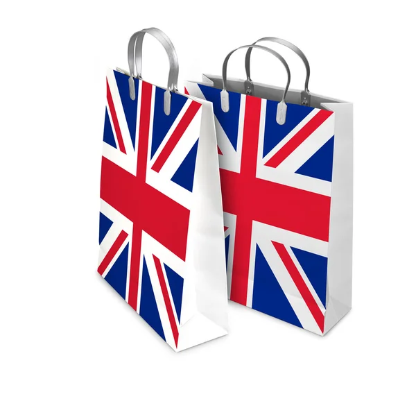 Zwei Einkaufstüten geöffnet und geschlossen mit UK-Flagge. Einzelhandel — Stockfoto