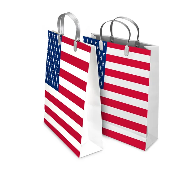 Deux sacs à provisions ouverts et fermés avec drapeau des États-Unis. Fabrication au détail — Photo