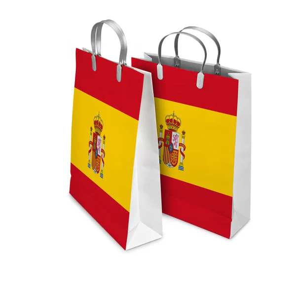 Dos bolsas de compras se abrieron y cerraron con bandera de España. Empresas minoristas —  Fotos de Stock