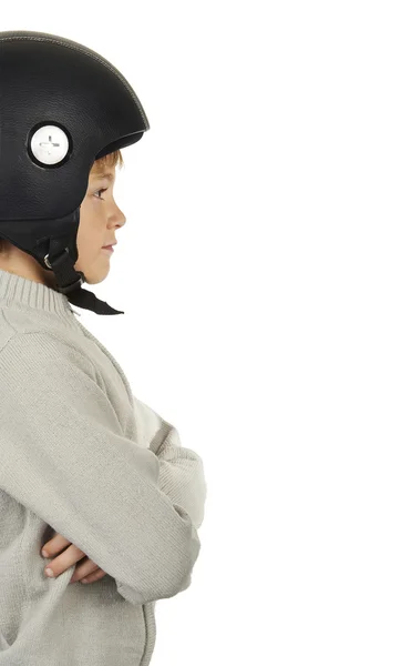 Chłopiec z moto czarny hełm — Zdjęcie stockowe