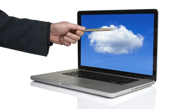 Geschäftsmann verweist auf Cloud Computing — Stockfoto