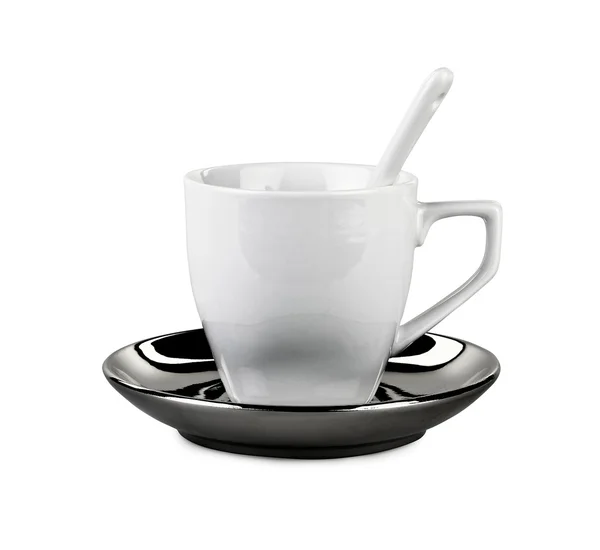 Perfekta vita kaffe eller te kopp med sked — Stockfoto