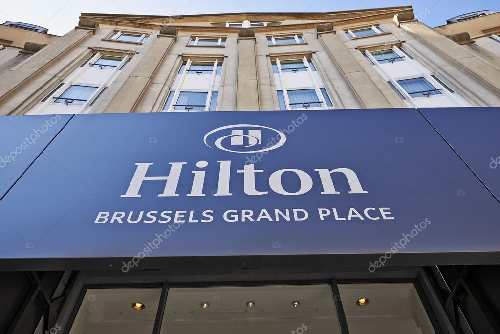 BRUSSELS,BELGIUM - 29 AUGUST 2015: The logo above the main entrance of the Hilton Hotel Grand Place in Brussels on 29 August 2015
