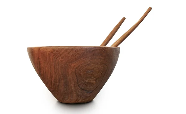 Ciotola di legno vuota con cucchiaio e forchetta — Foto Stock