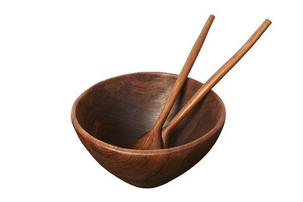 Empty wooden bowl with spoon and fork — Stock Photo, Image