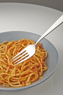 Spagetti bolognese bir çatal ile plaka üzerinde