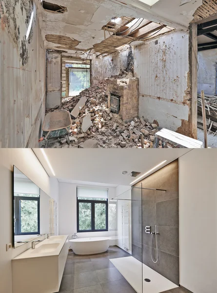 Renovatie van een badkamer voor en na — Stockfoto