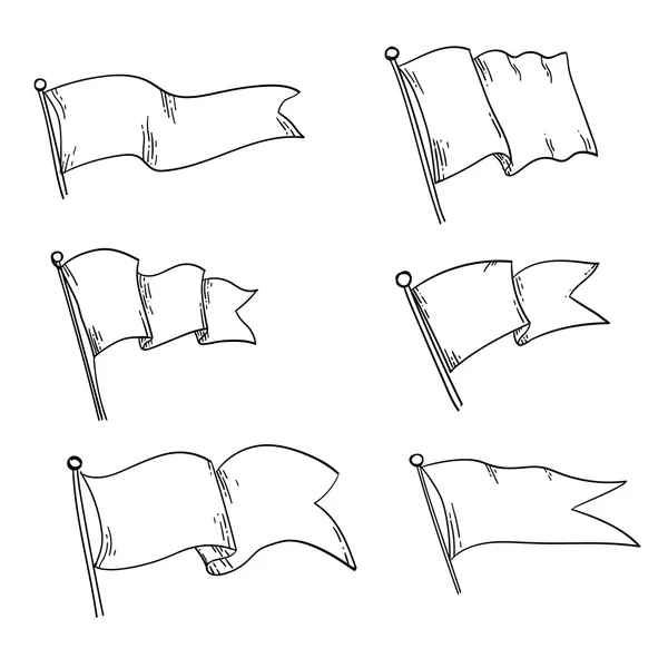Conjunto vectorial de diferentes formas de bandera aisladas sobre fondo blanco. Diseño lineal negro . — Archivo Imágenes Vectoriales