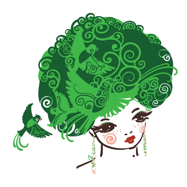 Linda cara de chicas con pelos verdes — Vector de stock