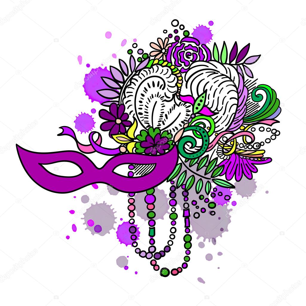 Carnival elements. Mask with feathers and beads, flowers.
