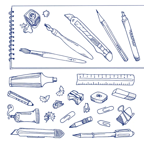 Schrijven tools - handgetekende set — Stockvector