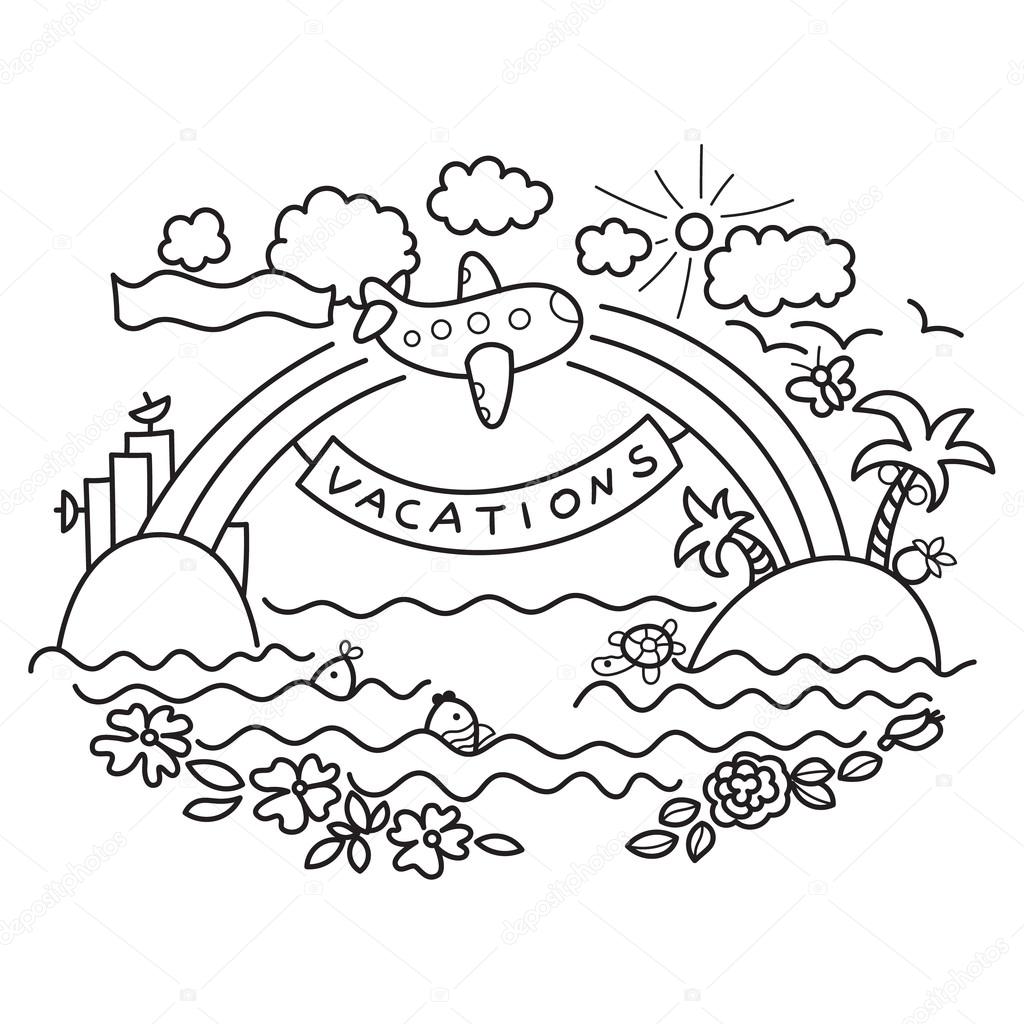 Disegno a mano libera fumetto volo dell aeroplano da isola urbana a isola tropicale arcobaleno con banner vacanze e aereo con ban ra Happy Travel