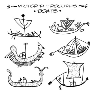 Vector petroglyphs. Boats clipart