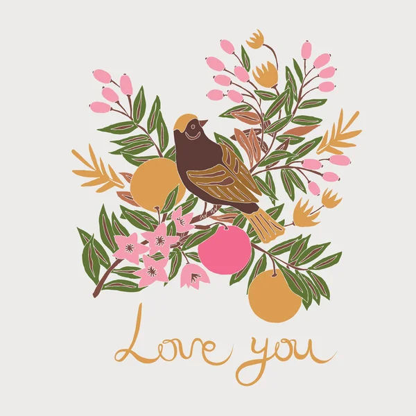 Je t'aime. Oiseau avec fleurs . — Image vectorielle