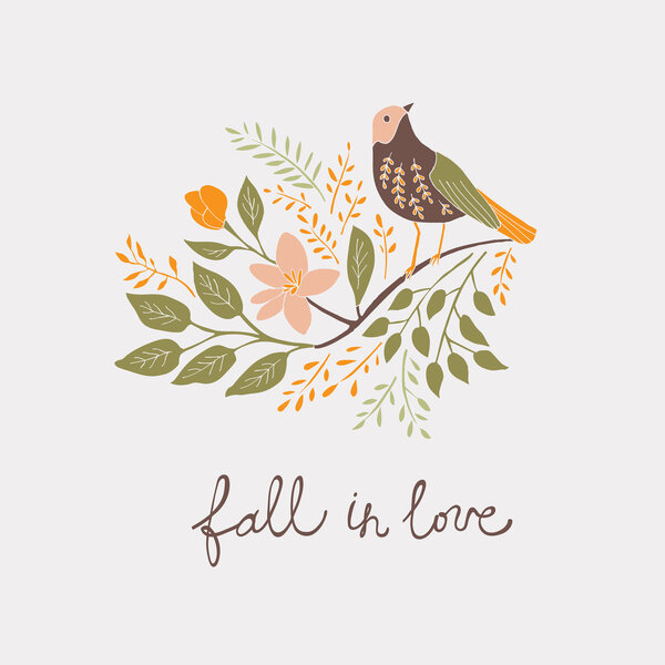 Fall in Love. Bird with flowers. 