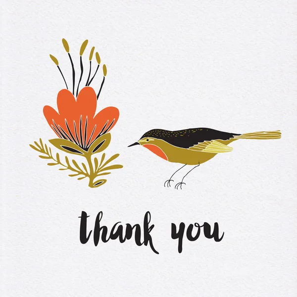 Gracias. Gracias. Pájaro con flores . — Vector de stock