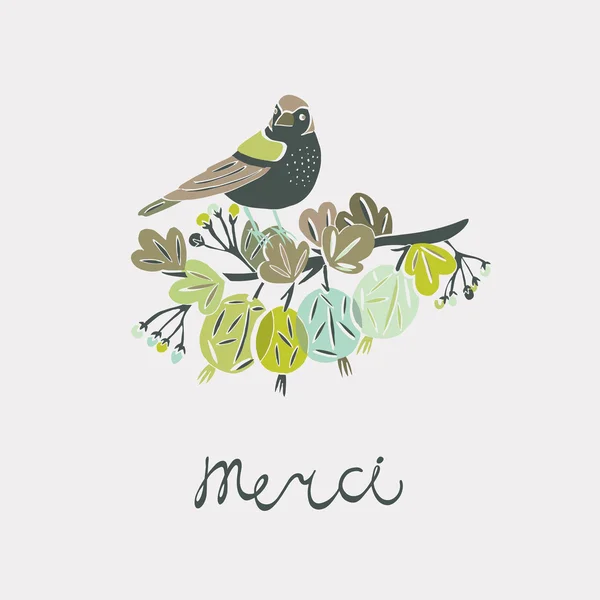 Merci. Bird with flowers. — Stock Vector