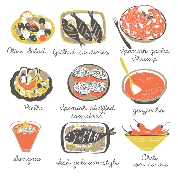 9 Classic Spanish Dishes — Stock Vector