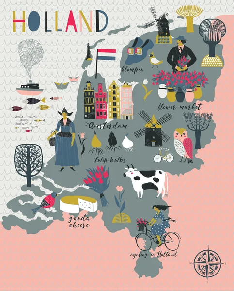 Cartoon Mapa da Holanda — Vetor de Stock