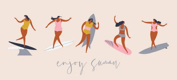 Disfruta Summer Conjunto Chicas Surf Con Tablas Surf Montando Una — Vector de stock
