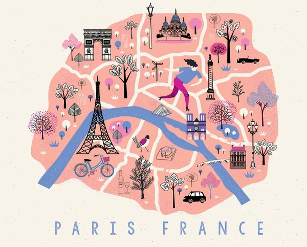 Карикатурная Карта Парижа Лебедиными Иконами Дизайн — стоковый вектор