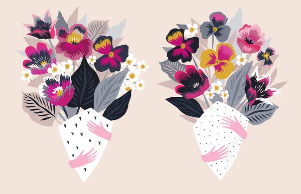 Uppsättning Vackra Blommor Buketter Isolerade Ljus Bakgrund Blomsterarrangemang Vektorillustration Vektorgrafik