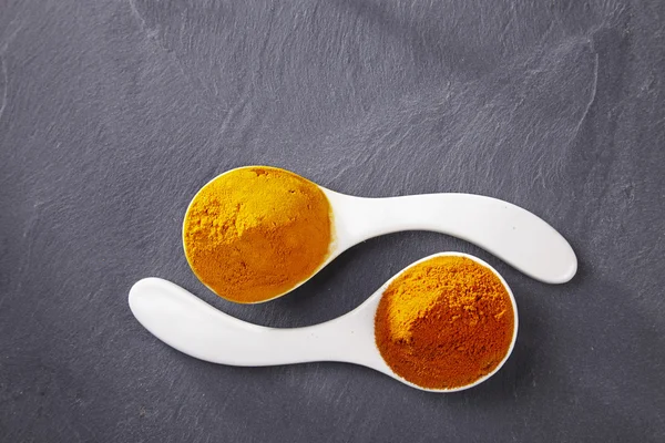 Chili powder in spoons — Stock Photo, Image