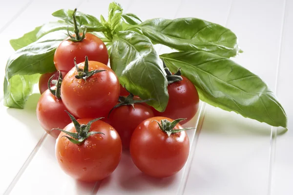 Manjericão e tomate cereja — Fotografia de Stock