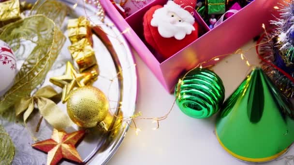 Open Box Christmas Ornament Party Hat Preparing Christmas — Stock Video