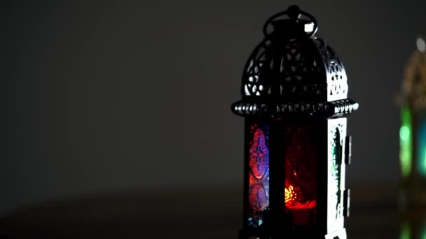 Ornamental Arabic Lantern Burning Candle Glowing Night — Stock Video