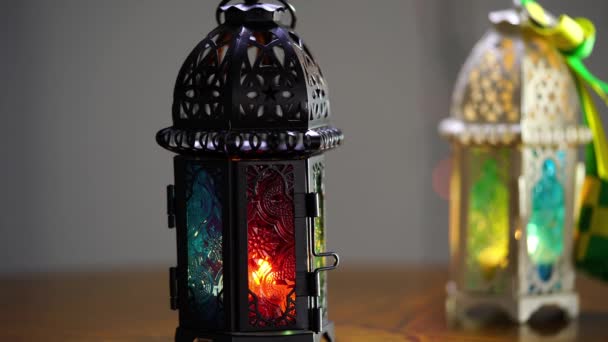 Ornamental Arabic Lantern Burning Candle Glowing Night — Stock Video