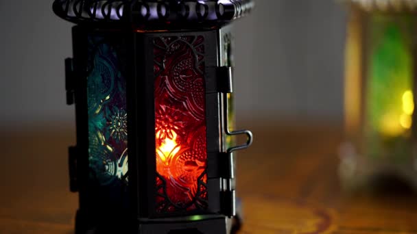 Ornamental Arabic Lantern Burning Candle Glowing Night — Stock Video