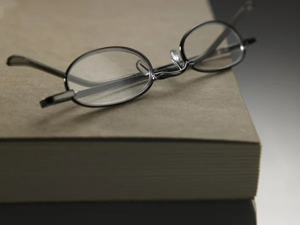 阅读本书上眼镜 — 图库照片