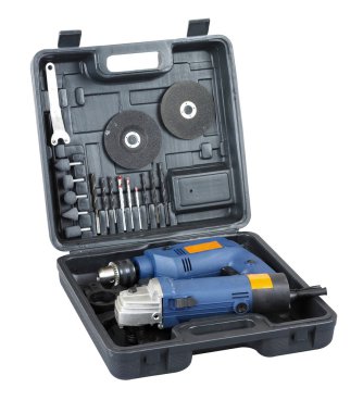 Set of power tools in a box