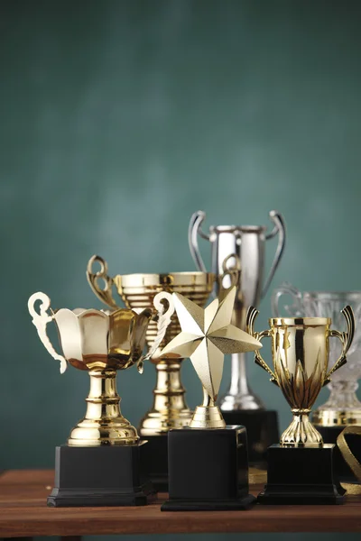 Group of the trophies on the green background — Stock Photo, Image