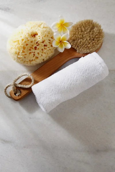 海绵、 刷子、 毛巾和花 — 图库照片