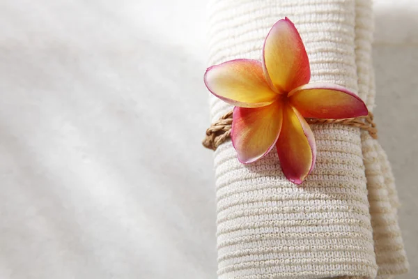 Frangipani flower aan kant handdoek — Stockfoto