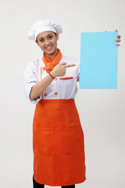 Donna chef in possesso di carta — Foto Stock