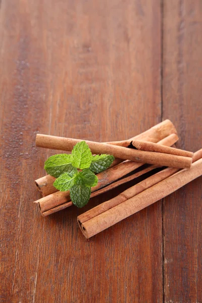 Mint and cinnamon on table — Stock Photo, Image