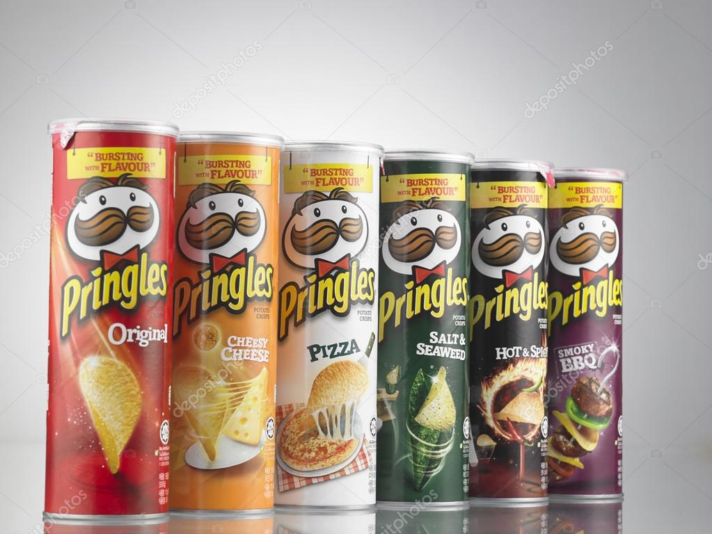 KUALA LUMPUR, MALAYSIA - JUNE 19TH 2015: Group of the pringles products on white background