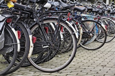 Hollanda, Amsterdam; 9 Ekim 2011, Otopark yakın Merkez İstasyonu - editoryal bisikletler