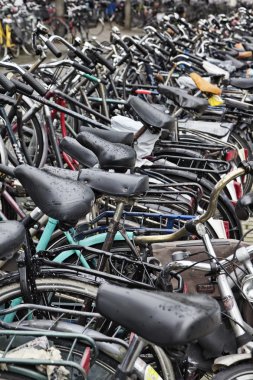 Hollanda, Amsterdam; 9 Ekim 2011, Otopark yakın Merkez İstasyonu - editoryal bisikletler