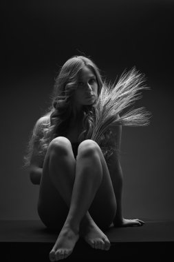 Stüdyo portre ile güzel bir kızın buğday sheafs