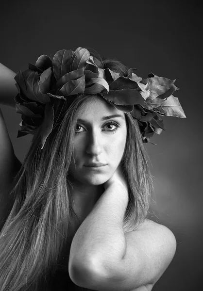 Estúdio retrato de uma menina bonita com uma coroa folhas de carvalho louro — Fotografia de Stock