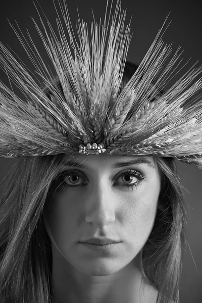 Retrato de estudio de una hermosa chica con una corona hecha con gavillas de trigo — Foto de Stock