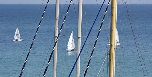 意大利、西西里岛、地中海、拉古萨的滨海堤;2016年6月21日, 游艇码头外的帆船比赛-社论 — 图库照片