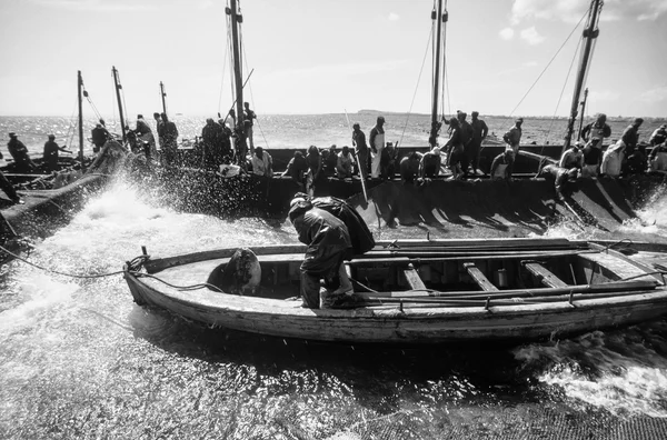 Italy, Sicily, Mediterranean Sea, Favignana Island, fishermen tuna fishing - FILM SCAN — Stock Photo, Image