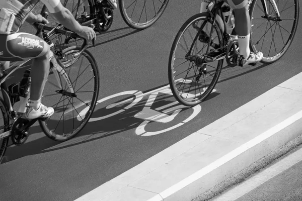 Italien; 3. August 2016, Radfahrer auf einem Radweg mit Fahrradschild - Leitartikel — Stockfoto