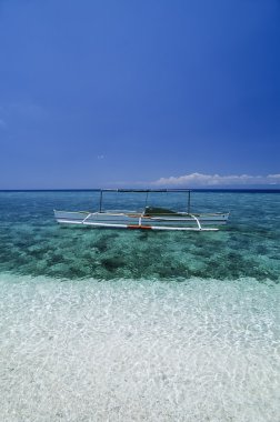 Filipinler, Balicasag Adası (Bohol); sığ suda bir banca (yerel ahşap balıkçı teknesi) - Film Tka