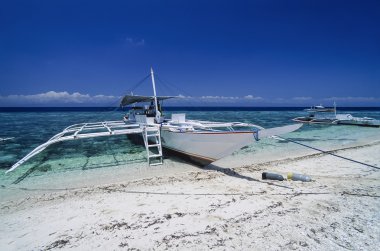 Filipinler, Balicasag Adası (Bohol); 24 Mart 2000, bancas (yerel ahşap balıkçı tekneleri) ve tüplü dalış tankları kıyıya - Editoryal (Film Tka)